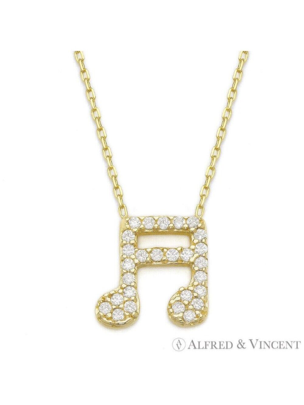 Music Note Charm CZ Crystal Pendant in .925 Sterling Silver w/ 18k Yellow Gold
